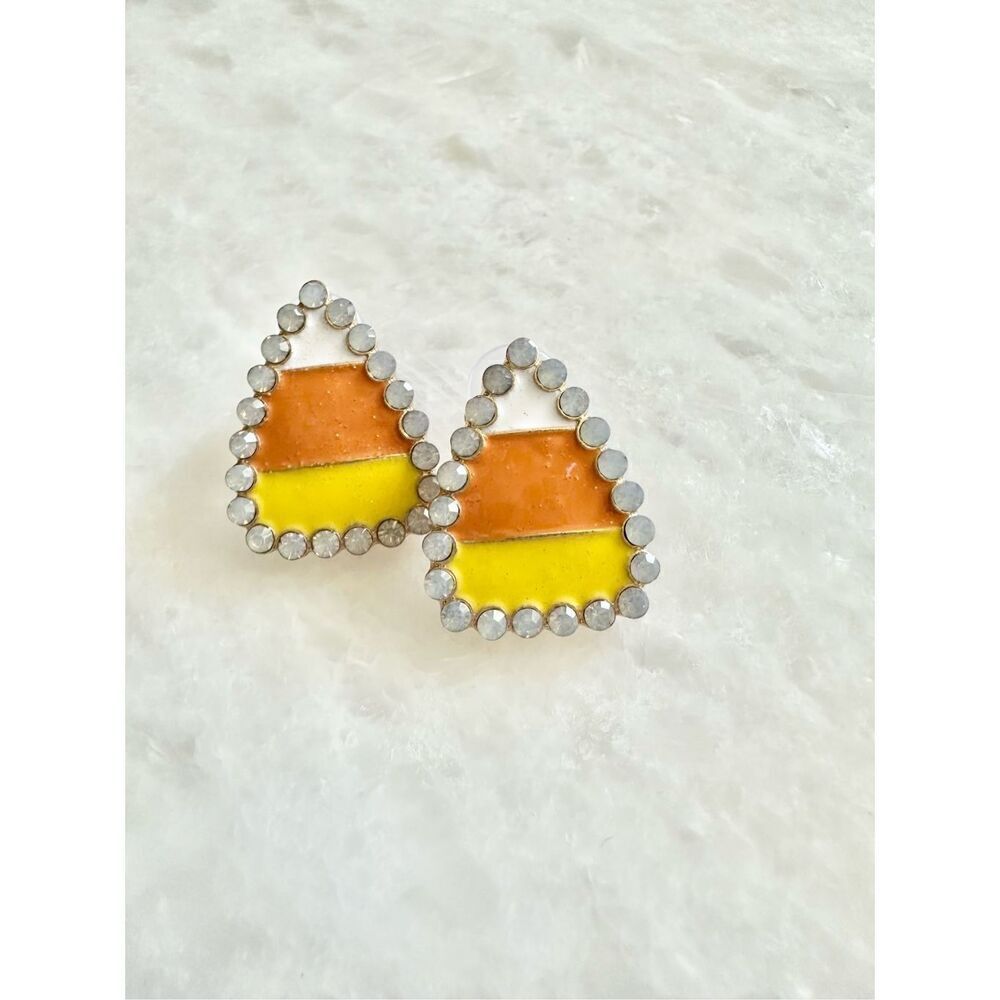 Candy corn Halloween stud earrings with moon stone embellishment ￼